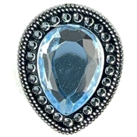 Accessories - Vintage Blue Rhinestone Button Cover Teardrop Two Tone Silver Retro Gold Clip